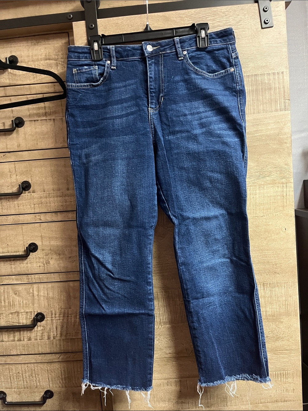 Free People Dark Blue Raw-Hem Straight Jeans